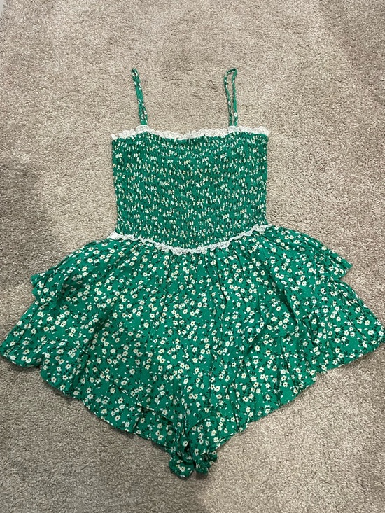idem ditto Pants - Green Floral Smocked Romper with Lace Trim